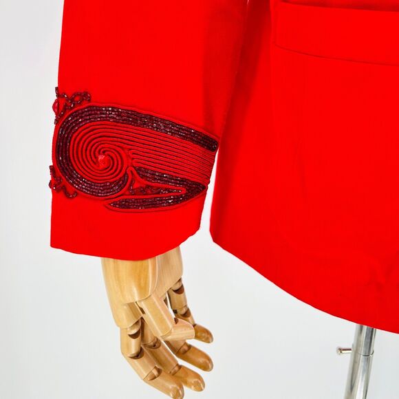 Vintage 80s Chancelle Linen Red Beaded Statement Made in Hong Kong Blazer - Picture 6 of 9